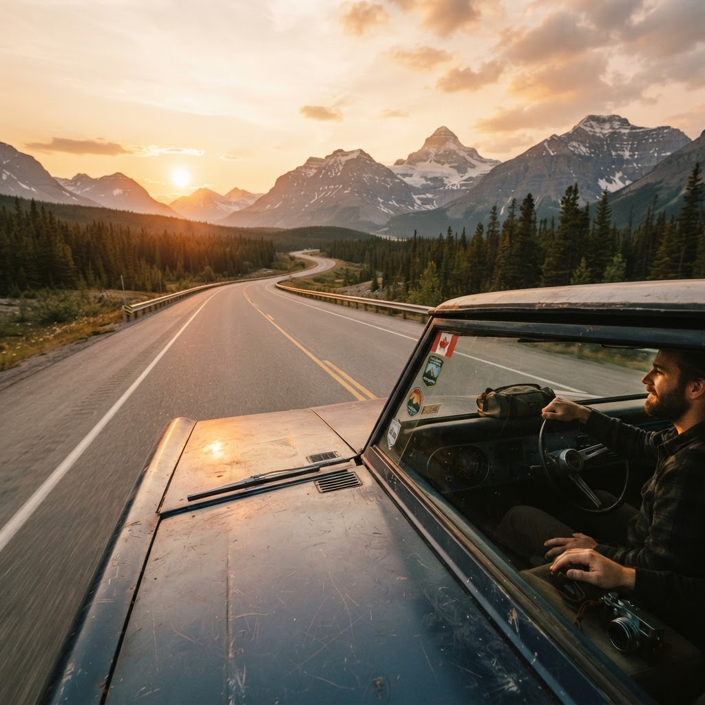 Open highway road trip at sunset