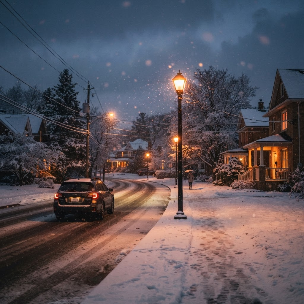 Warm street lights glowing through falling snow