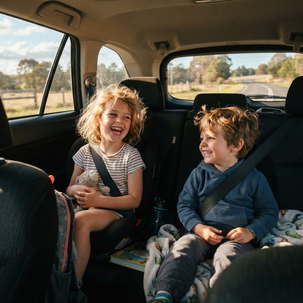 Kids smiling in the back of a family car