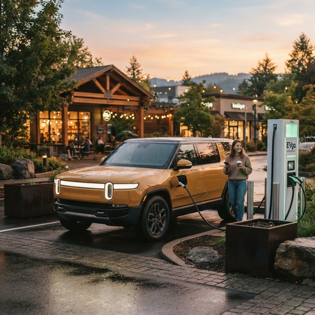 Warm-toned SUV at a charging stop