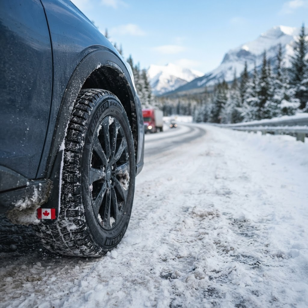 Winter tires on a snowy road